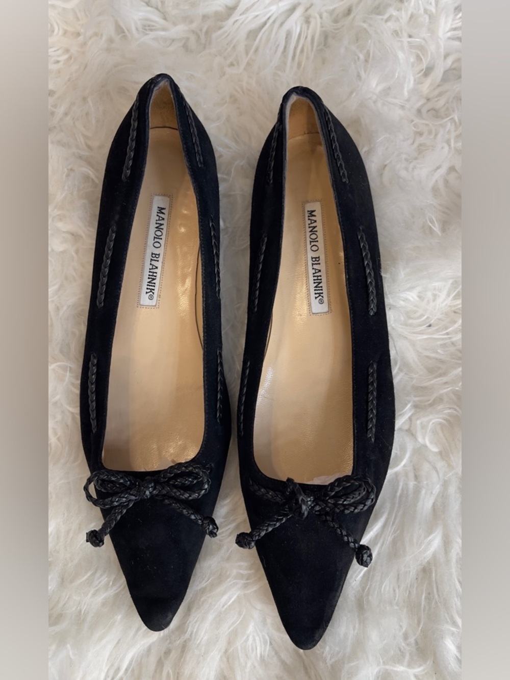 Manolo Blahnik Black Brown Suede Ballet Flats with Braided Bow